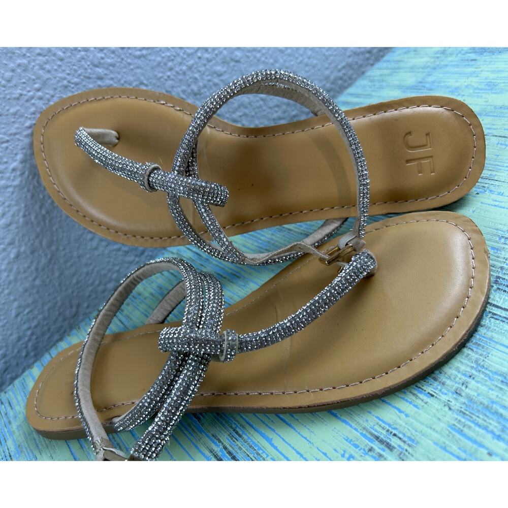 JustFab Rhinestone Strappy Sandals Sparkly Silver Knotted Shoes Thong SZ 7.5 - 8